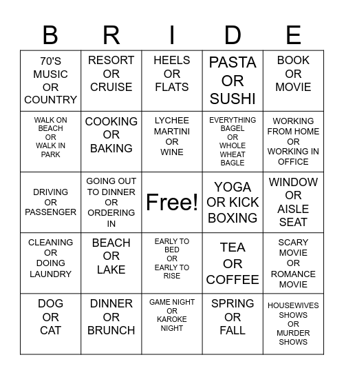 BRIDE BINGO Card