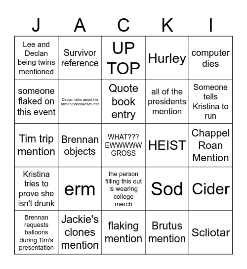 Jackie's Bingo Card