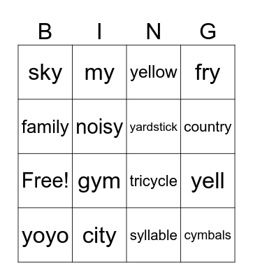 Y Sounds Words Bingo Card