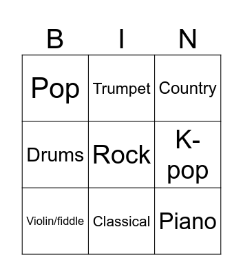 Music genres Bingo Card