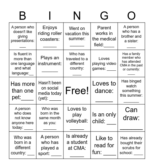 Freshmen Bingo Card