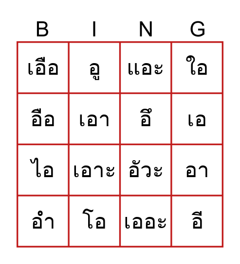 BINGO สระในภาษาไทย Bingo Card