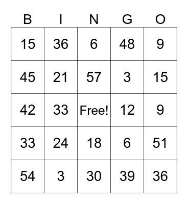 x3 Multiplication Bingo Card