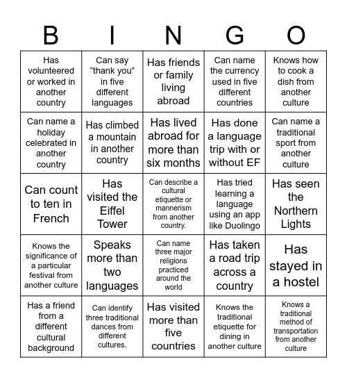 Cultural Diversity Bingo Card