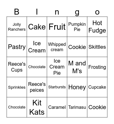 Dessert Bingo Card