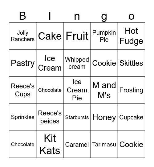 Dessert Bingo Card