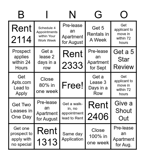 Leasing Bingo! Bingo Card