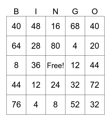 x4 MULTIPLICATION BINGO Card