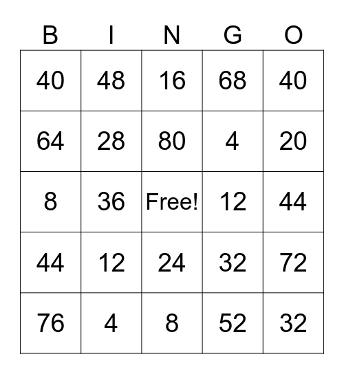 x4 MULTIPLICATION BINGO Card