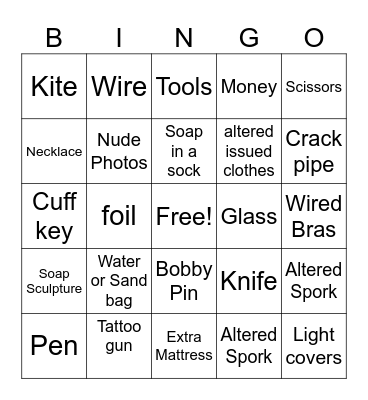 LCDC Detention Contraband Bingo Card