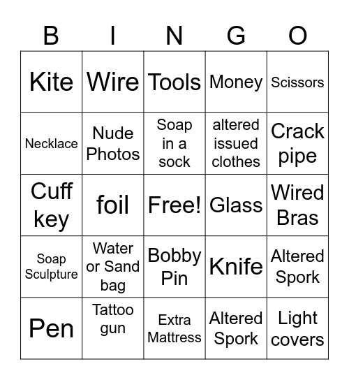 LCDC Detention Contraband Bingo Card