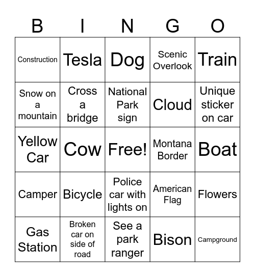 Road TRIP! Bingo Card