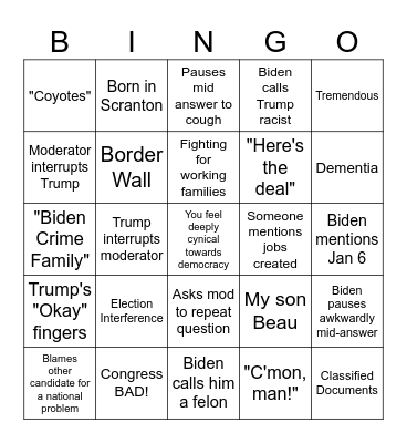 2024 Presidential Debate Bingo Card