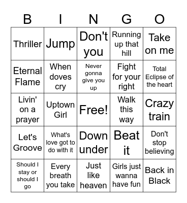 80's Music Bingo Card
