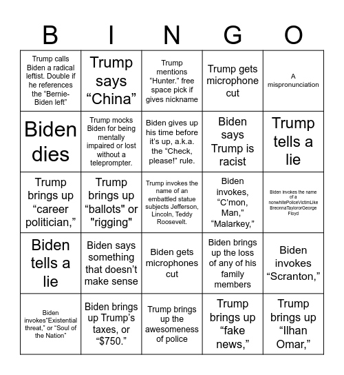 Trump-Biden Debate Bingo Card