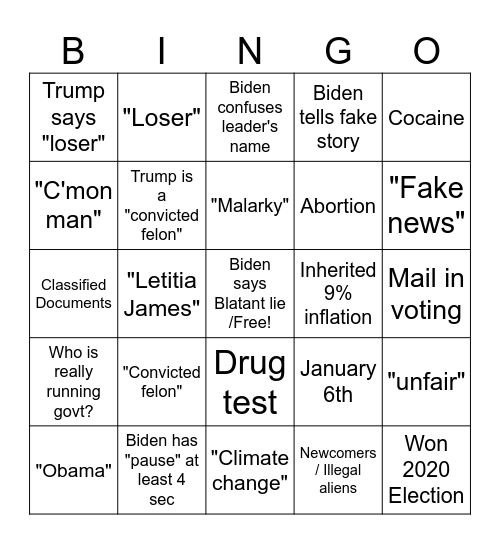 Trump v. Biden Bingo Card