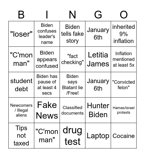 Trump v. Biden Bingo Card