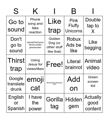 Shorts Bingo Card