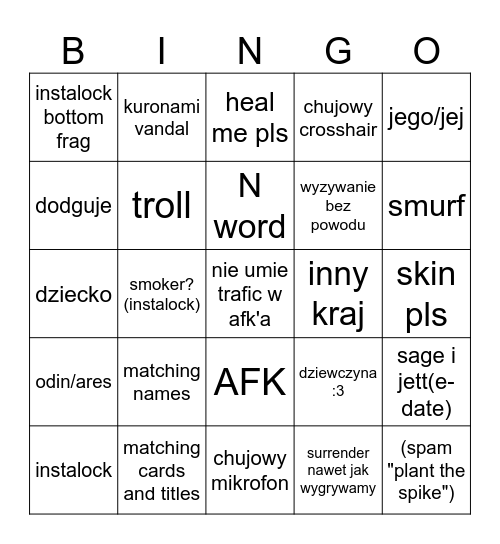 valorant swift play bingo Card