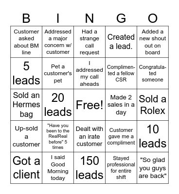 Customer Service Bingo Card