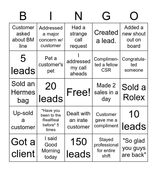 Customer Service Bingo Card