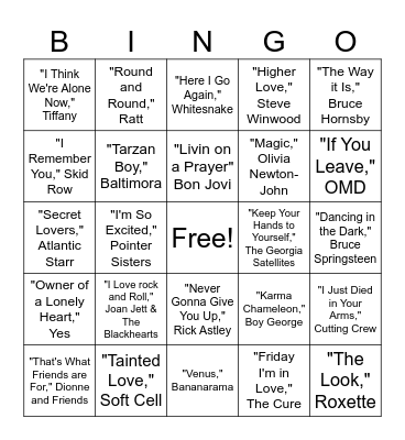 80's Songs Bingo Card