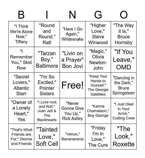 80's Songs Bingo Card
