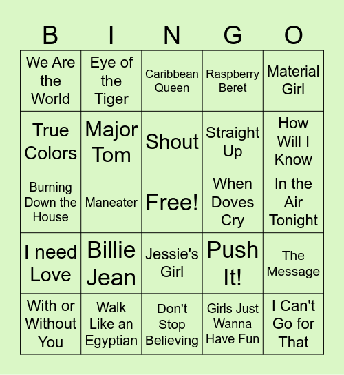 80's Music Bingo Card