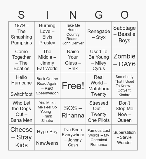 Singo Game #1 Bingo Card