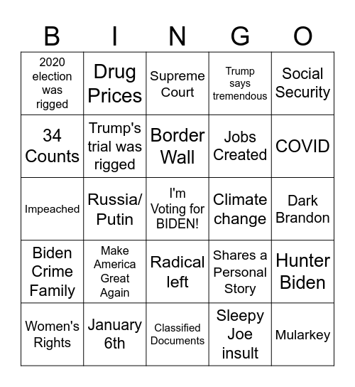 2024 Presidential Debate BINGO Card