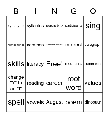 Family  Literacy Bingo Card