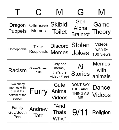 YT Shorts BIngo Card