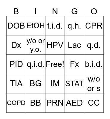 Common Medical Abbreviations Bingo Card