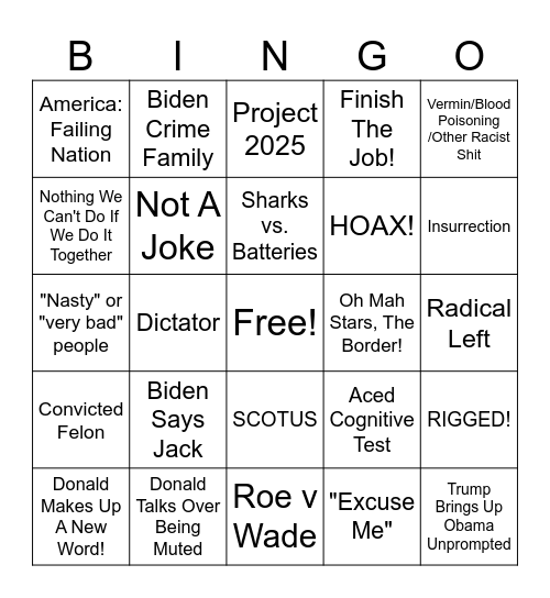 Biden/Trump 2024 Debate BINGO Card