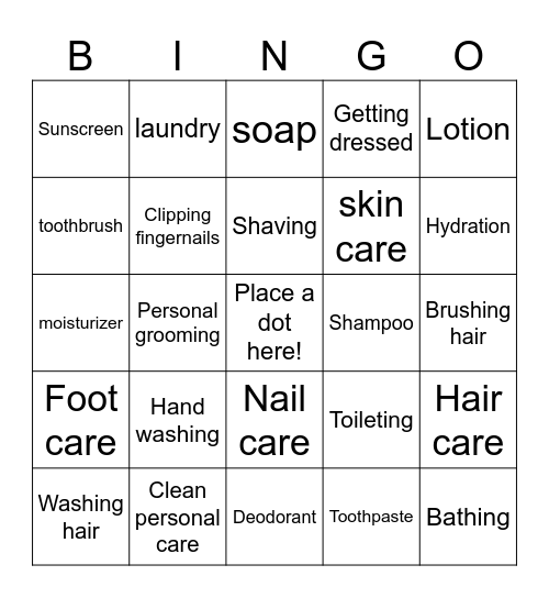 Personal care Bingo Card