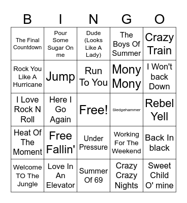 80's Rock Bingo Card