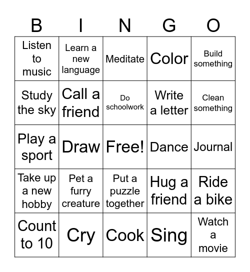 Coping Skills Bingo Card