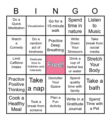 STRESS MANAGEMENT BINGO Card