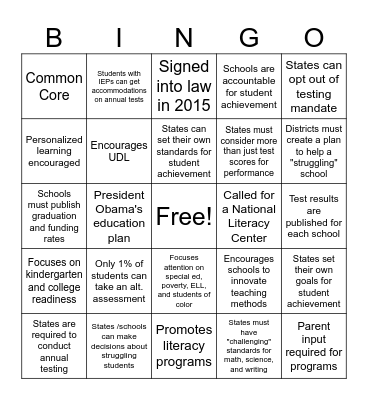 Every Student Succeeds Act (ESS) Bingo Card