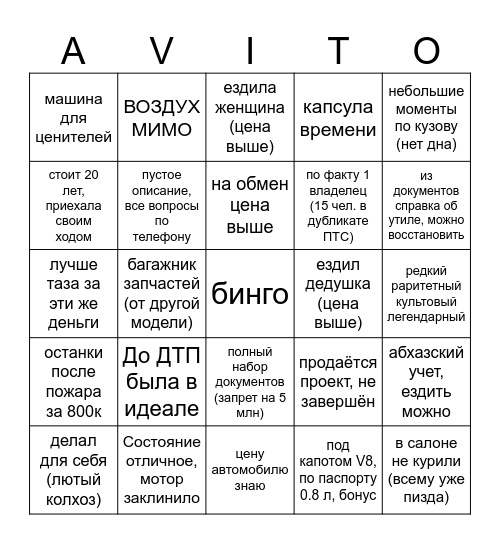 Avito бинго Bingo Card