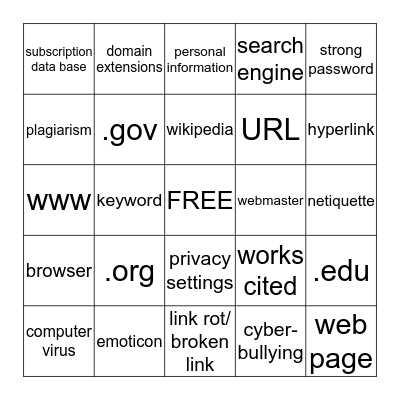 Internet Vocabulary Bingo Card