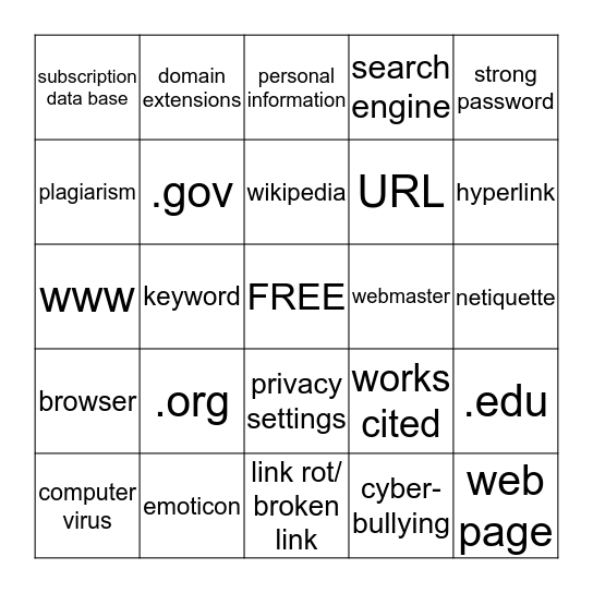 Internet Vocabulary Bingo Card