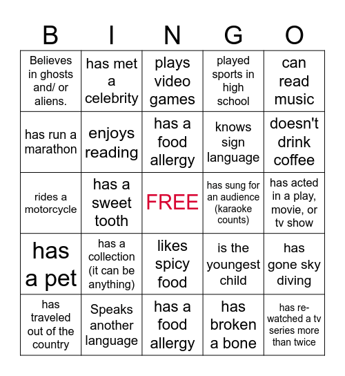 "Get to Know You" BINGO Card
