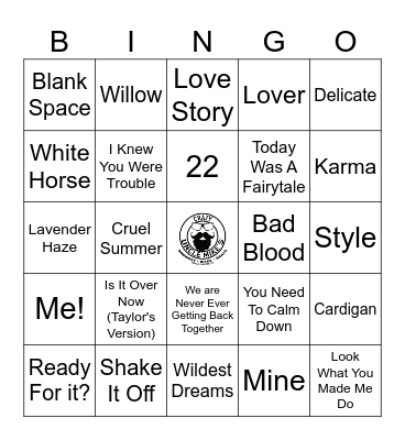 Taylor Swift | RD 1 | TOP HITS Bingo Card