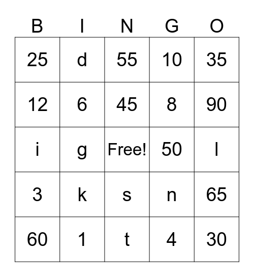 die Zahlen Bingo Card