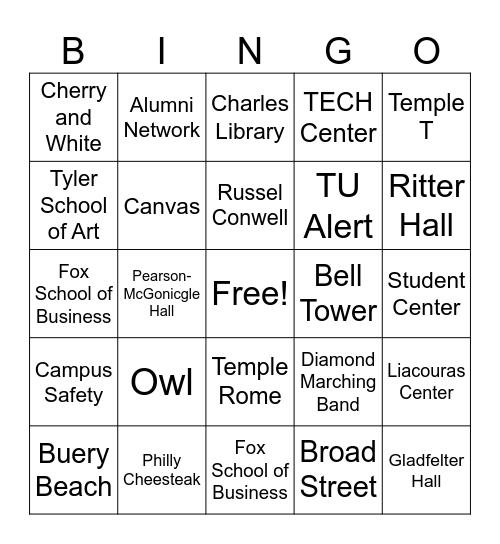 Temple University Bingo Card