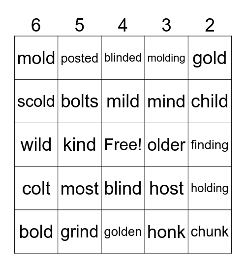 Glued Sound Exceptions - Roll the Die Bingo Card