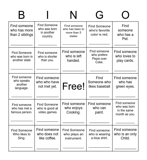 Find Someone Who Bingo Card