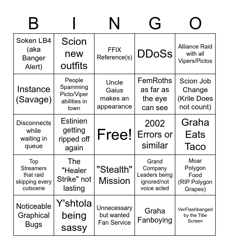 Dawntrail Release Bingo Card