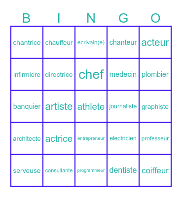 Les Professions Francais Bingo Card